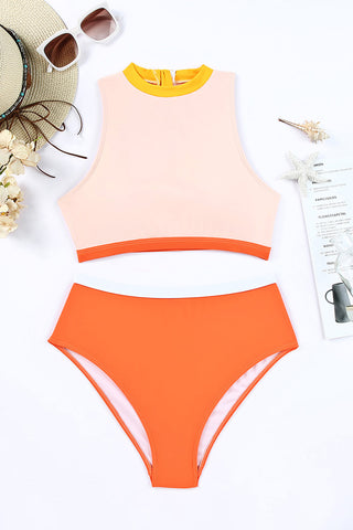 Color Block Zipped Cut Out Bikini Swimwear