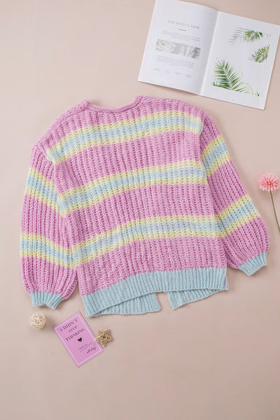 Contrast Striped Open Front Cable Cardigan