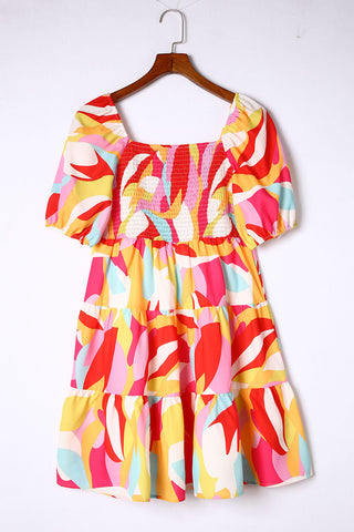 Geometric Print Smocked Babydoll Mini Dress