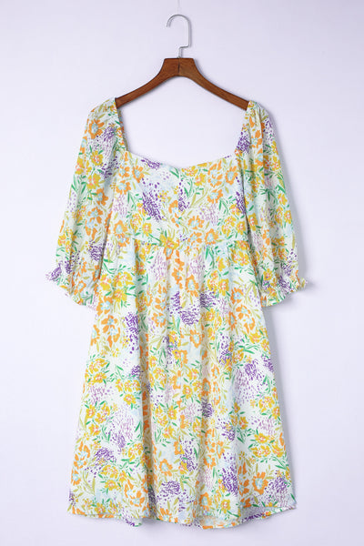 Floral Print Ruffle Bubble Sleeve Babydoll Dress