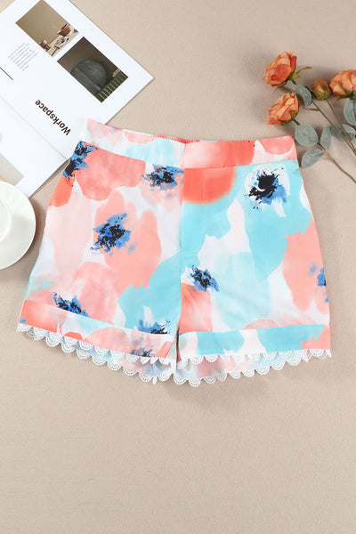 Abstract Water Marbling Print Lace Trim Shorts