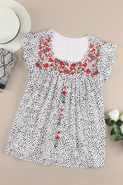 Embroidery Square Neck Flutter Sleeve Blouse