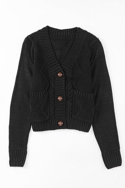 Front Pockets Buttons Textured Cardigan