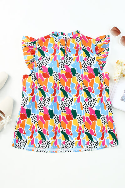Abstract Print High Neck Flutter Sleeves Top