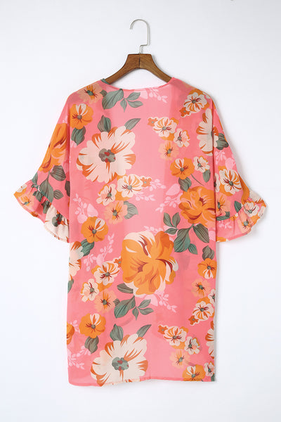 Floral Print Ruffled 3/4 Sleeve Loose Fit Kimono