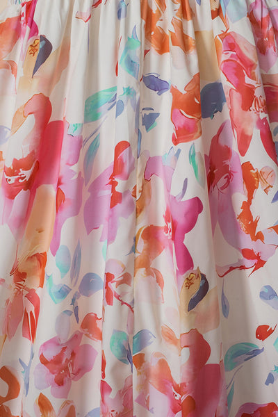 Tropical Floral Print Ruched V Neck Maxi Dress