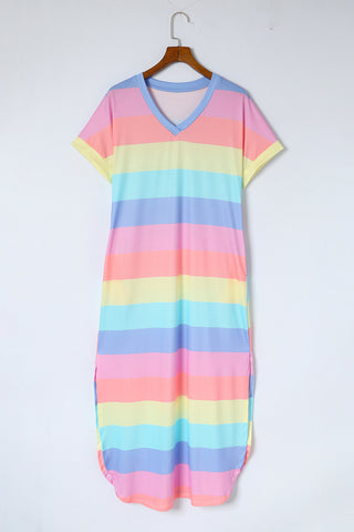 Striped Side Split Pockets V Neck T Shirt Dress