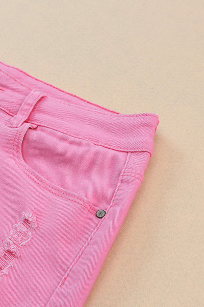 Solid Color Distressed Denim Shorts