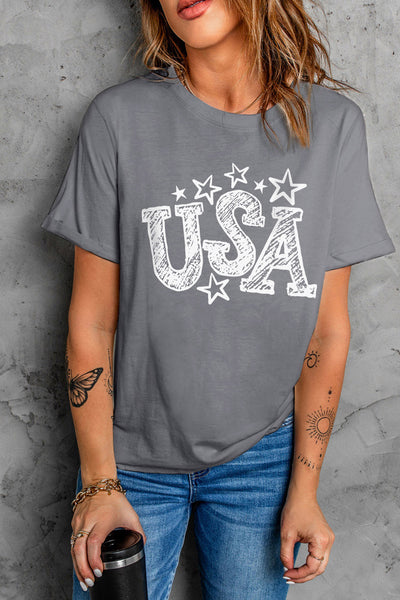 USA Stars Graphic Print Short Sleeve Casual Tee