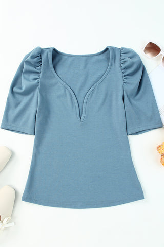 Ribbed Knit V Neck Ruched Sleeve Top
