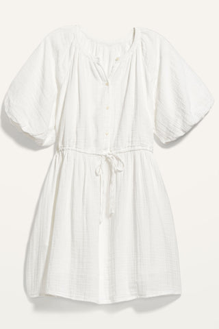 Puff Sleeve Drawstring Shirt Dress with Pockets