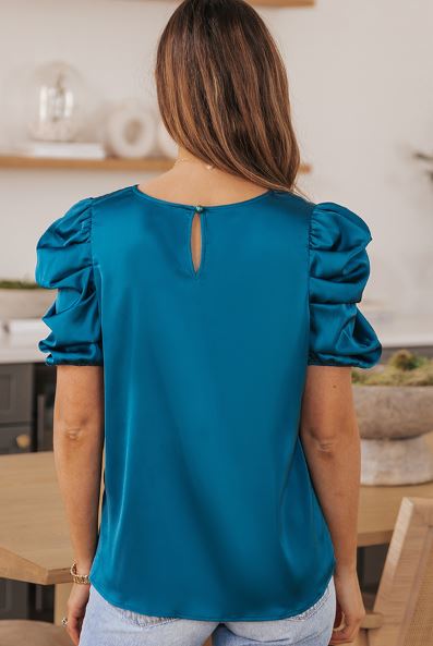 Ruched Puff Short Sleeve Satin Blouse