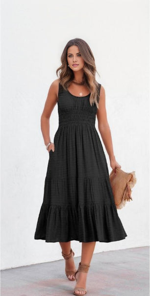 Ruched Tiered Ruffled Midi Dress