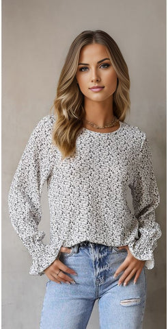 Floral Print Crinkled Ruffled Bubble Sleeve Blouse
