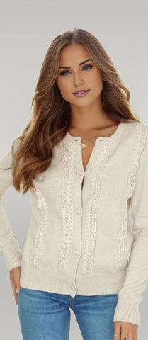 Lace Trim Ribbed Round Neck Button Up Cardigan