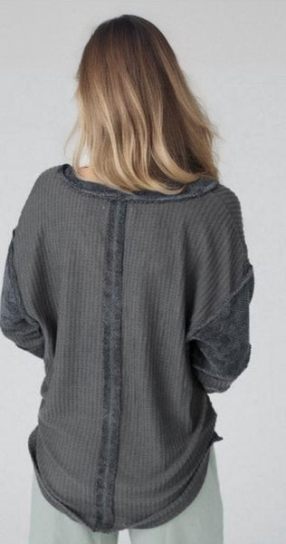 Contrast Patched Exposed Seam Waffle Knit Top