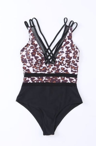 Leopard Deep V Neck Criss Cross One-piece Swimwear