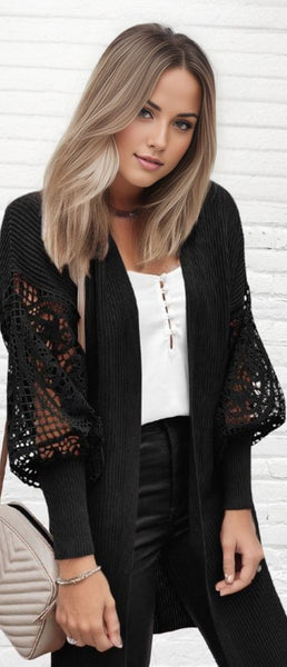 Crochet Lace Sleeve Ribbed Knit Cardigan
