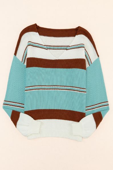 Striped Pattern Knit V Neck Sweater