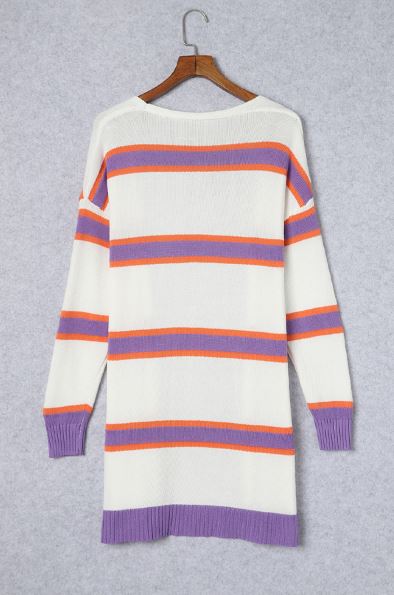 Striped Long Sleeve Ribbed Trim Button Cardigan