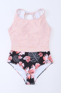 Striped Floral Print Backless One-piece Swimwear