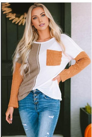 Colorblock Chest Pocket Textured Knit Top