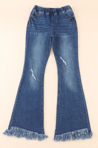 Frayed Tassel Hem Elastic Waist Flared Jeans