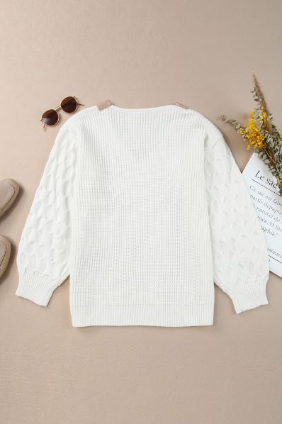 Cable Puff Sleeve Lace V Neck Sweater