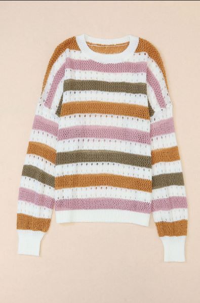 Striped Hollowed Knitted Loose Sweater