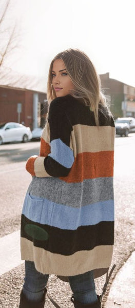 Colorblock Pocketed Open Front Cardigan