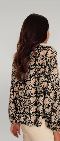 Floral Print Split Neck Pleated Puff Sleeve Blouse