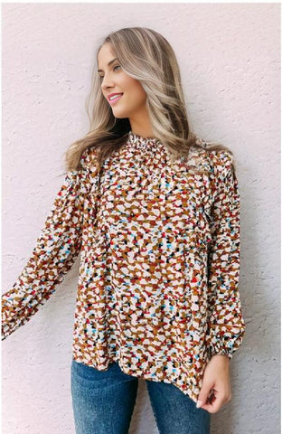 Abstract Print Bubble Sleeves Loose Blouse
