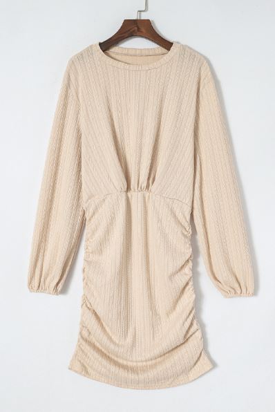Texture Ruched Side Bubble Sleeve Knit Dress
