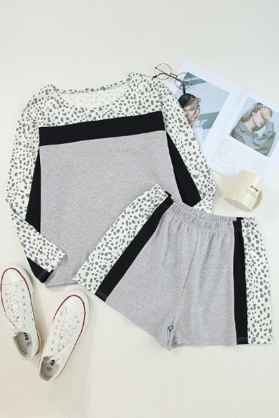 Leopard Colorblock Pullover and Shorts Set