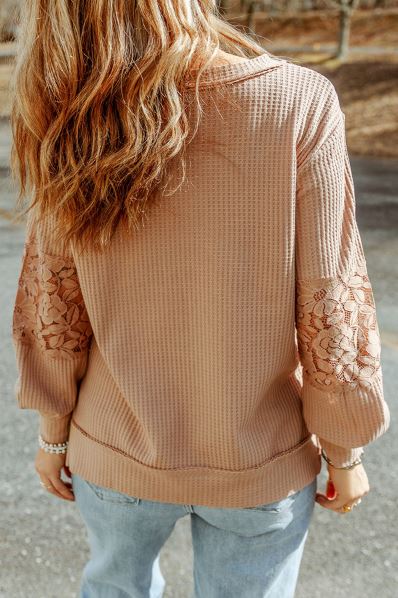 Lace Waffle Strappy V Neck Long Sleeve Top