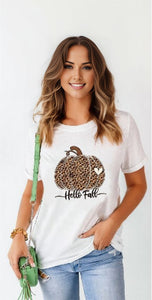 Hello Fall Leopard Pumpkin Graphic T Shirt