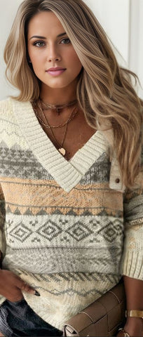 Geometric Print Ribbed Knitted V Neck Sweater