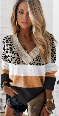 Leopard Color Block Long Sleeve Sweater