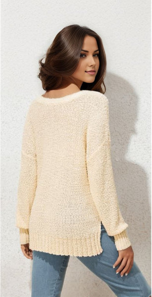 Solid Fuzzy V-Neck Sweater