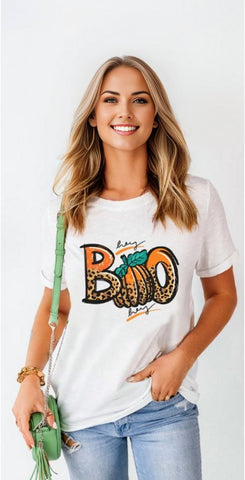 BOO Pumpkin Leopard Print Crew Neck T Shirt