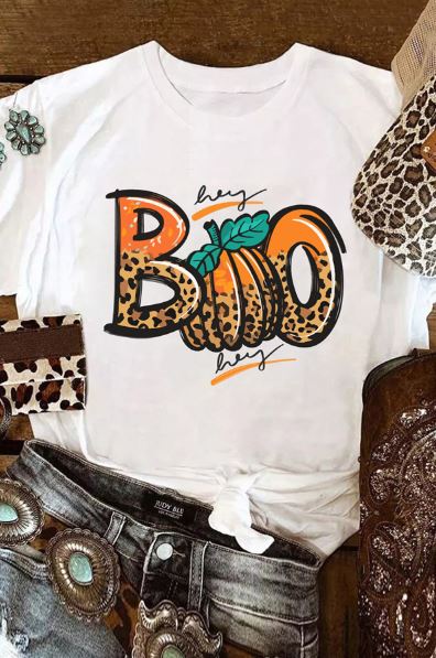 BOO Pumpkin Leopard Print Crew Neck T Shirt
