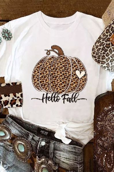 Hello Fall Leopard Pumpkin Graphic T Shirt