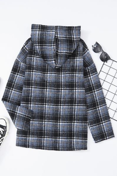 Plaid Button Neck Pocketed Pullover Hoodie