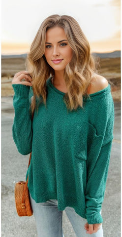 Off Shoulder Rib Knit Sweater with Pocket
