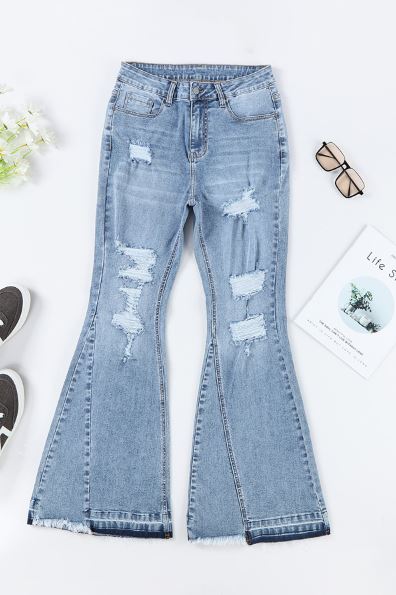 Light Wash Distressed High Rise Flare Jeans