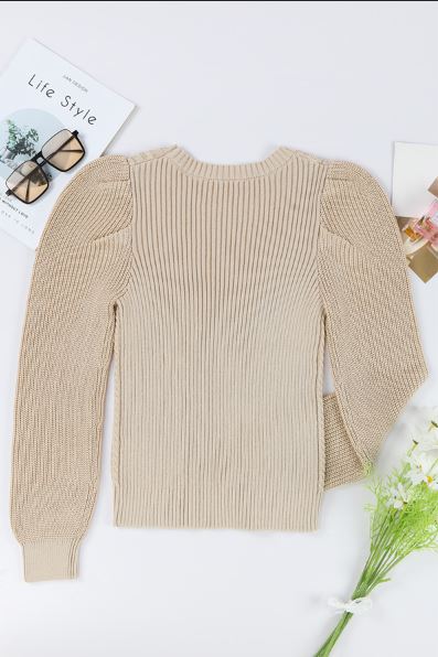 Cable Ribbed Knit Mix Pattern Puff Sleeve Sweater