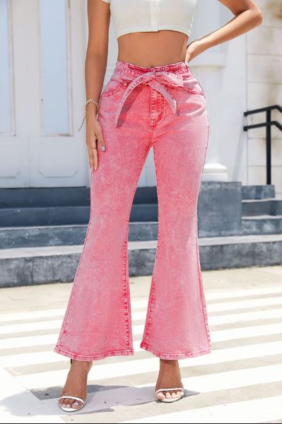 Flare Leg High Waist Front Knot Casual Jeans
