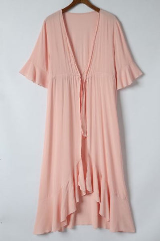 Ruffle Half Sleeve Tie Front Flowy Beach Cover Up
