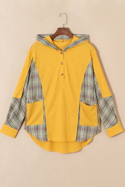 Waffle Knit Plaid Patchwork Pocketed Henley Hoodie