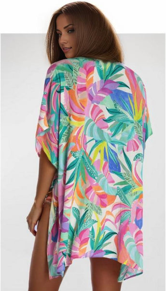 Plant Print Button-up Half Sleeve Beach Cover Up
